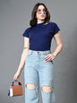 Myshka Women's Ribbed Choker Neck Cut-out Short Sleeves Top in Navy Blue Color