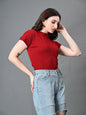 Myshka Women's Ribbed Choker Neck Cut-out Short Sleeves Top in Maroon Color