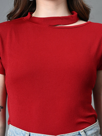 Myshka Women's Ribbed Choker Neck Cut-out Short Sleeves Top in Maroon Color
