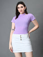 Myshka Women's Ribbed Choker Neck Cut-out Short Sleeves Top in Lavender Color