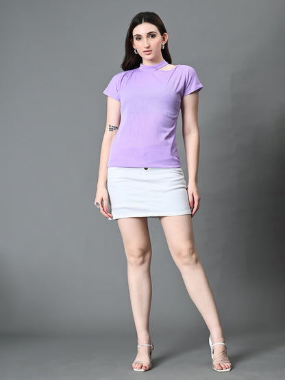 Myshka Women's Ribbed Choker Neck Cut-out Short Sleeves Top in Lavender Color