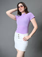 Myshka Women's Ribbed Choker Neck Cut-out Short Sleeves Top in Lavender Color