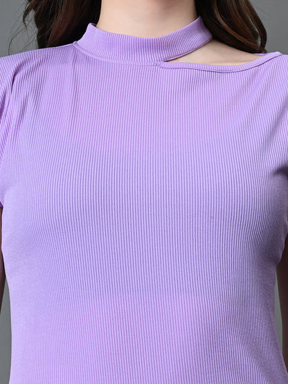 Myshka Women's Ribbed Choker Neck Cut-out Short Sleeves Top in Lavender Color