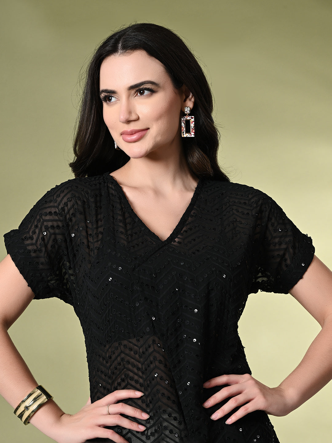 Myshka Women's Self Design Georgette High-Low Short Sleeves Party Tops In Black Color