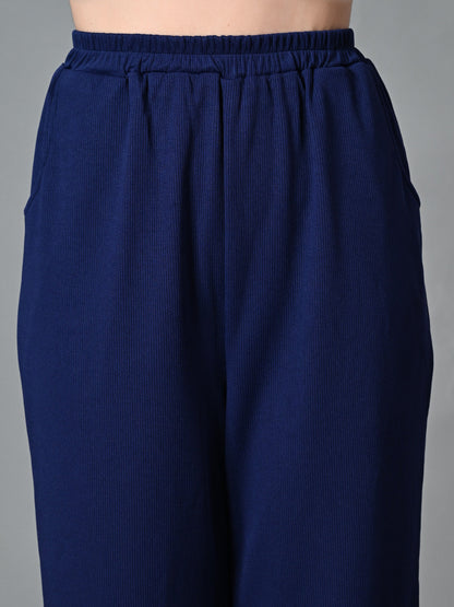 Myshka Women's Solid Ribbed High-Rise Wide Leg Casual Trousers in Navy Blue Color