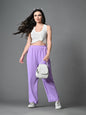 Myshka Women's Solid Ribbed High-Rise Wide Leg Casual Trousers in Lavender Color
