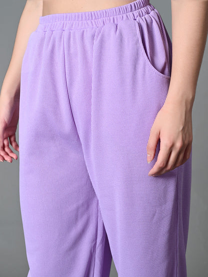 Myshka Women's Solid Ribbed High-Rise Wide Leg Casual Trousers in Lavender Color