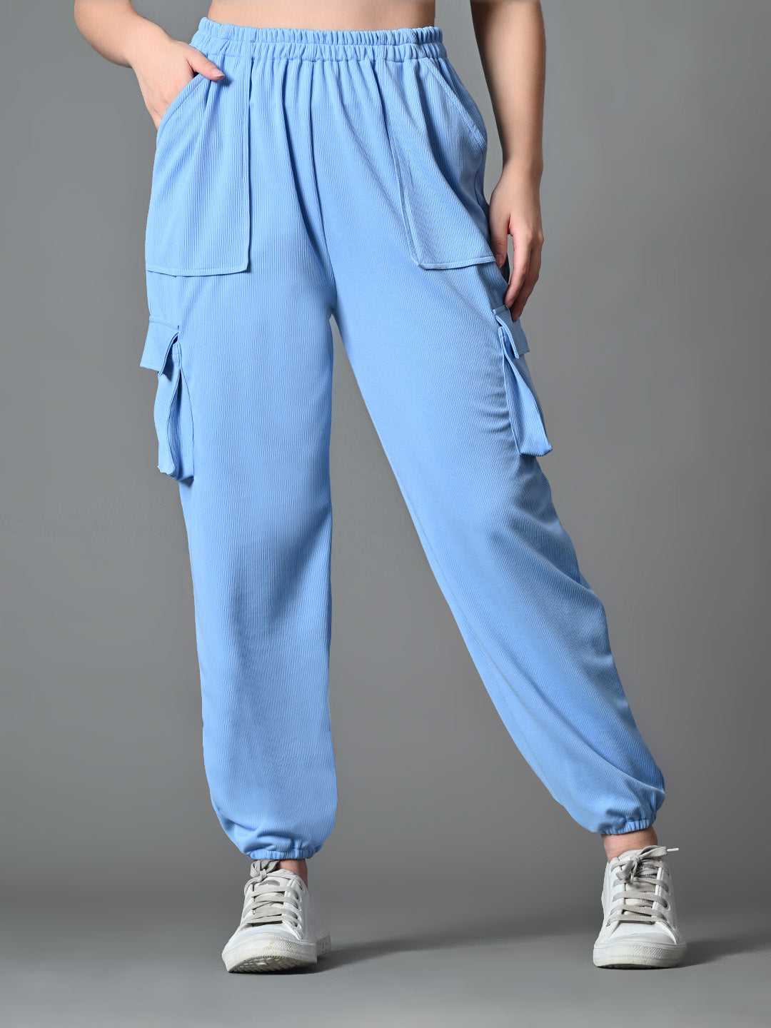 Myshka Women's Solid Ribbed High-Rise Cargo Style Casual Trousers in Blue Color