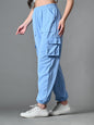 Myshka Women's Solid Ribbed High-Rise Cargo Style Casual Trousers in Blue Color