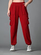 Myshka Women's Solid Ribbed High-Rise Cargo Style Casual Trousers in Maroon Color