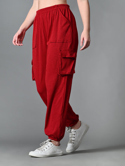 Myshka Women's Solid Ribbed High-Rise Cargo Style Casual Trousers in Maroon Color