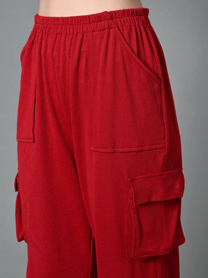 Myshka Women's Solid Ribbed High-Rise Cargo Style Casual Trousers in Maroon Color