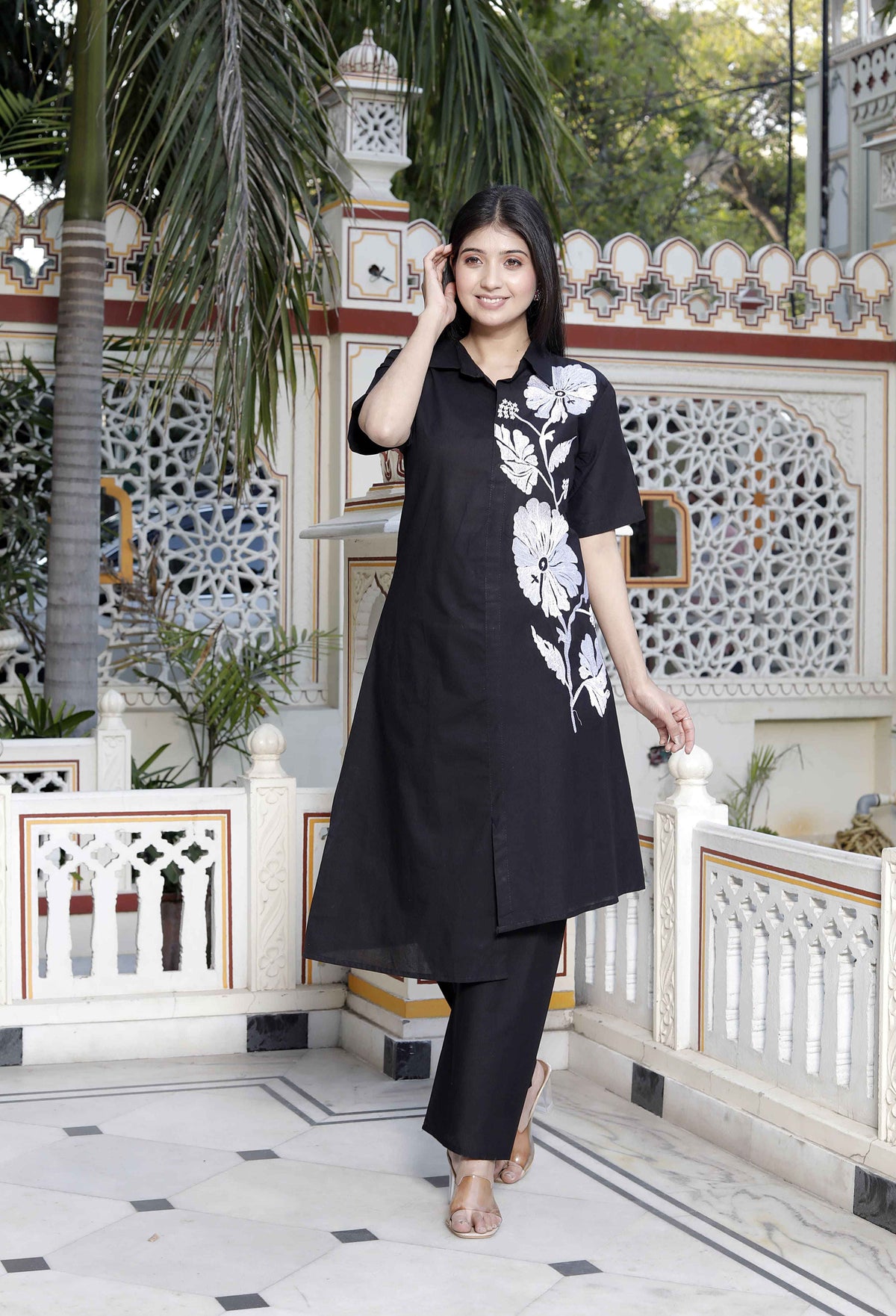 Miravan Women's Black Pure Cotton Floral Embroidered High Low Co-Ord Set