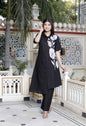 Miravan Women's Black Pure Cotton Floral Embroidered High Low Co-Ord Set