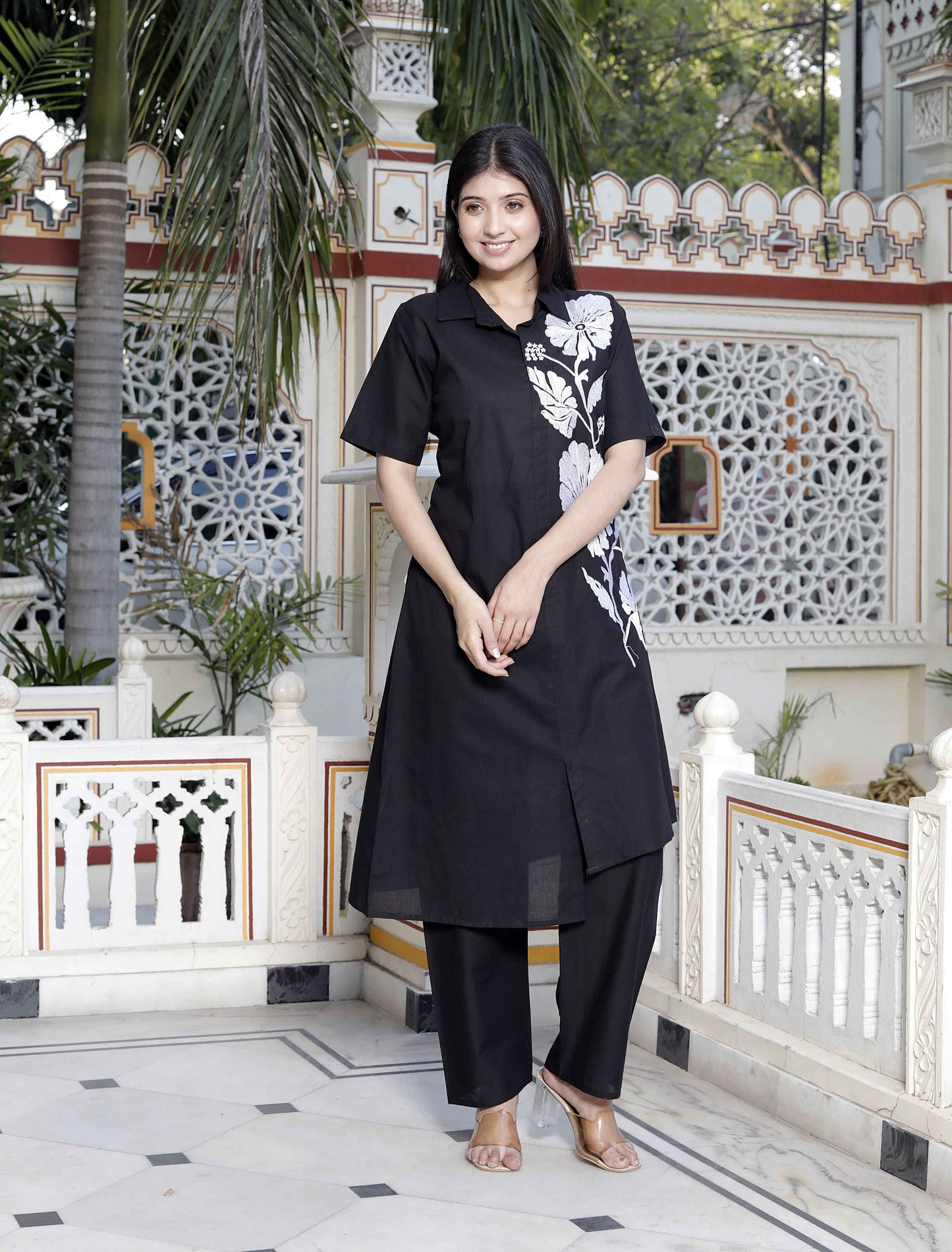 Miravan Women's Black Pure Cotton Floral Embroidered High Low Co-Ord Set