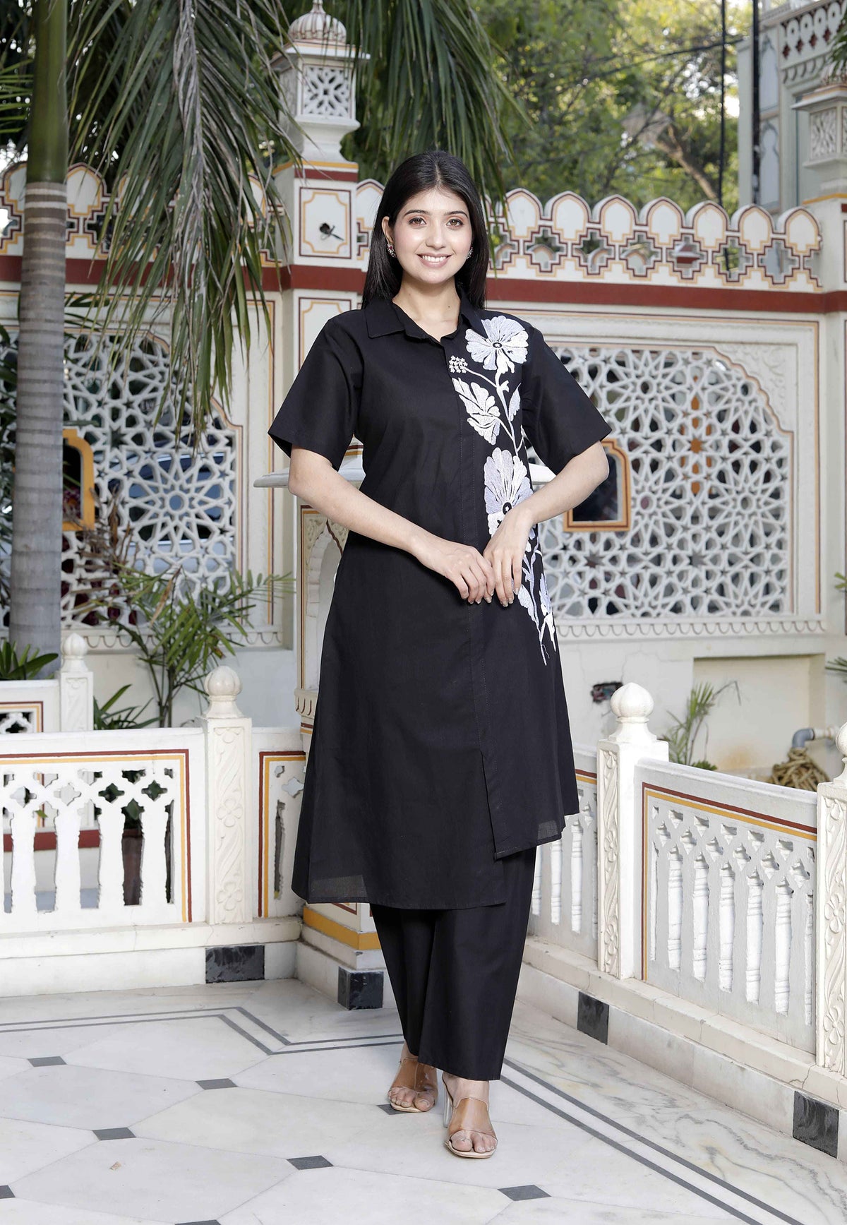 Miravan Women's Black Pure Cotton Floral Embroidered High Low Co-Ord Set