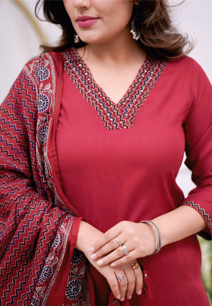 The52 Maroon Women's Gorgeous Parampara Fabric Embroidered Work Straight Kurta Pant and Dupatta Set