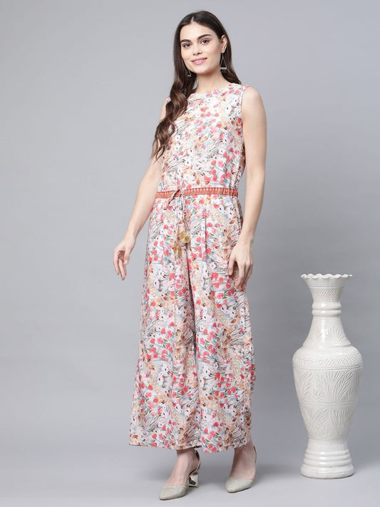 Ahalyaa Womens Pink Crepe Digital Print Floral Jumpsuit