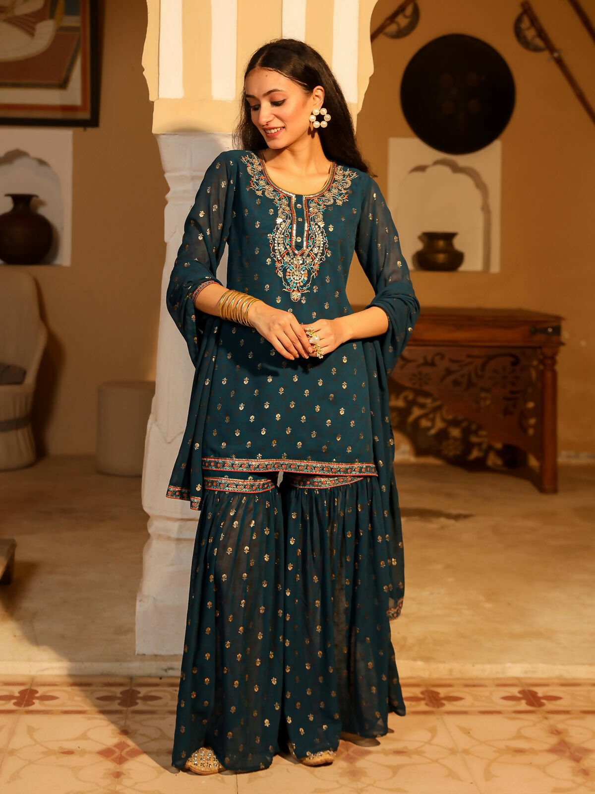 Juniper Women's The Swarn Teal Ethnic Motif Printed Georgette Kurta Pant And Dupatta With Sequins & Zari Work
