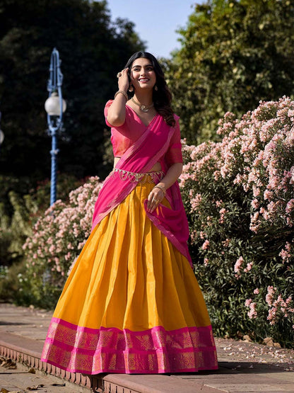 Lorenvalley Mustard Kanchipuram Zari Weaving Work Lehenga Choli with Dupatta