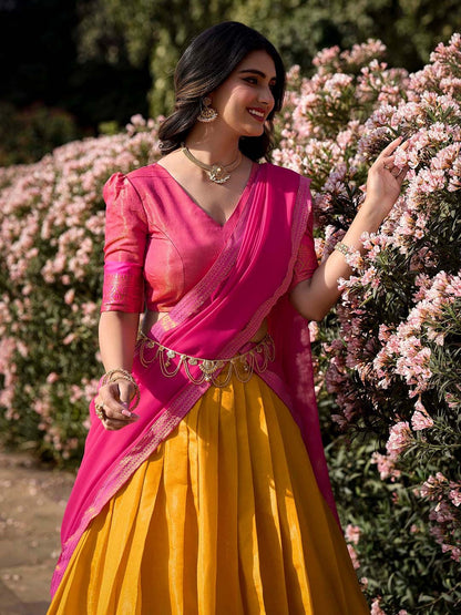 Lorenvalley Mustard Kanchipuram Zari Weaving Work Lehenga Choli with Dupatta