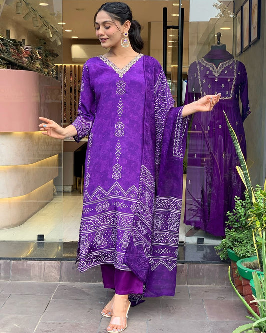 The52 Silk Blend Printed Fabric work Straight cut Kurta, Pant and Dupatta Set