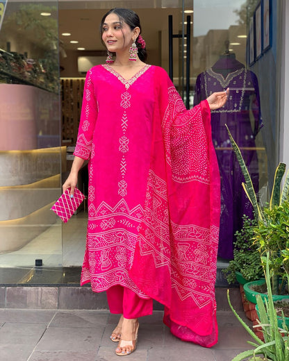The52 Silk Blend Printed Fabric work Straight cut Kurta, Pant and Dupatta Set