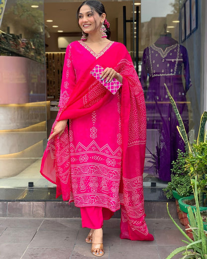 The52 Silk Blend Printed Fabric work Straight cut Kurta, Pant and Dupatta Set