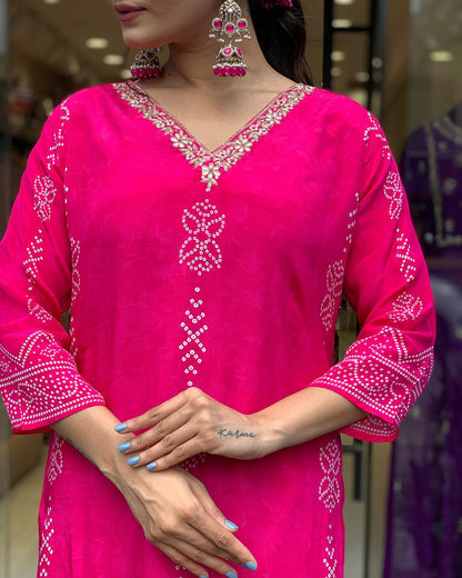 The52 Silk Blend Printed Fabric work Straight cut Kurta, Pant and Dupatta Set