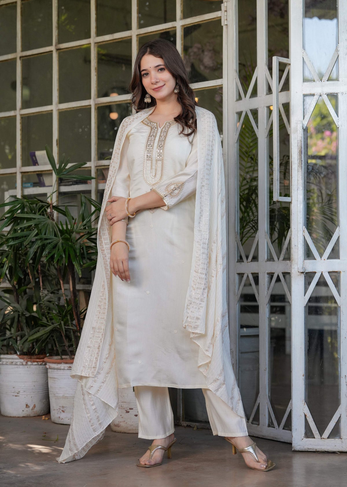 The52 Beautiful Embroidered Viscose Chanderi Fabric Straight Kurta, Pant and Dupatta Set