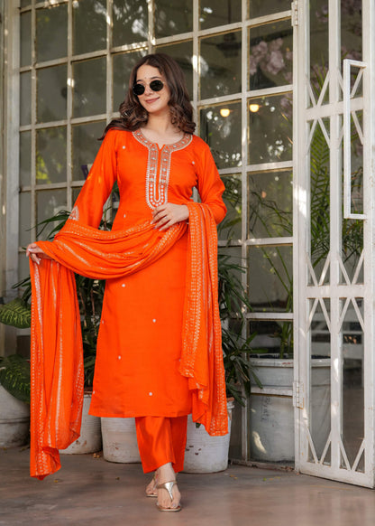 The52 Beautiful Embroidered Viscose Chanderi Fabric Straight Kurta, Pant and Dupatta Set
