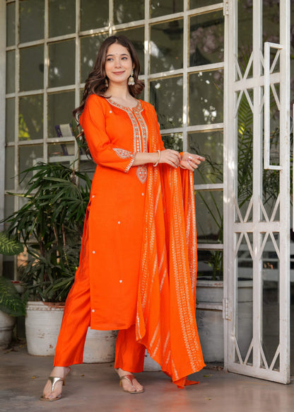 The52 Beautiful Embroidered Viscose Chanderi Fabric Straight Kurta, Pant and Dupatta Set