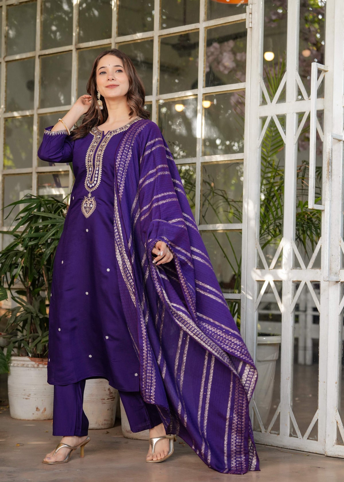 The52 Beautiful Embroidered Viscose Chanderi Fabric Straight Kurta, Pant and Dupatta Set