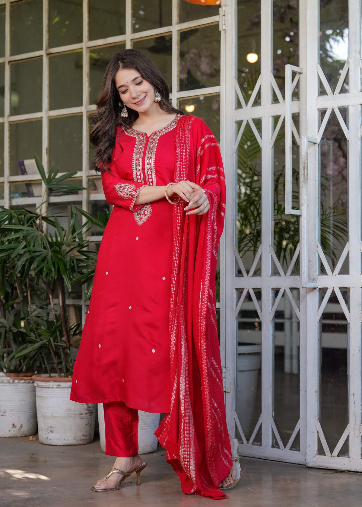 The52 Beautiful Embroidered Viscose Chanderi Fabric Straight Kurta, Pant and Dupatta Set