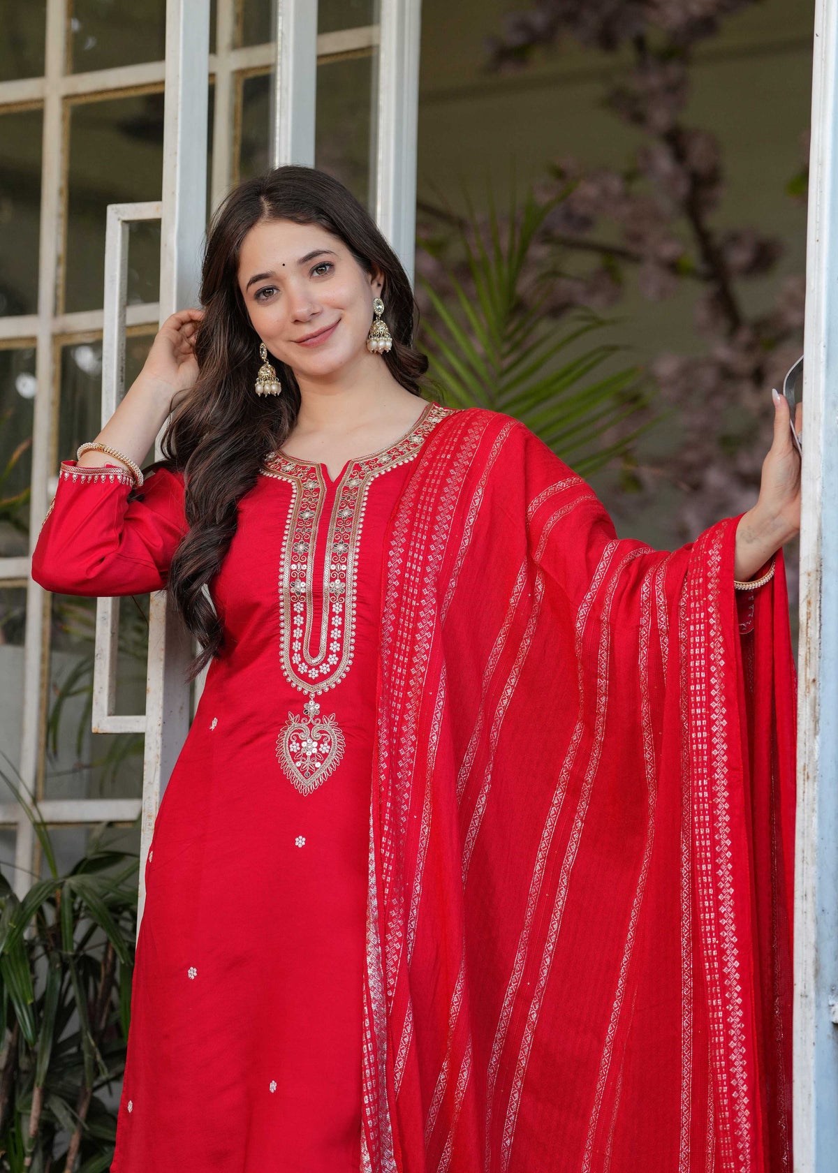 The52 Beautiful Embroidered Viscose Chanderi Fabric Straight Kurta, Pant and Dupatta Set
