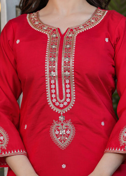 The52 Beautiful Embroidered Viscose Chanderi Fabric Straight Kurta, Pant and Dupatta Set