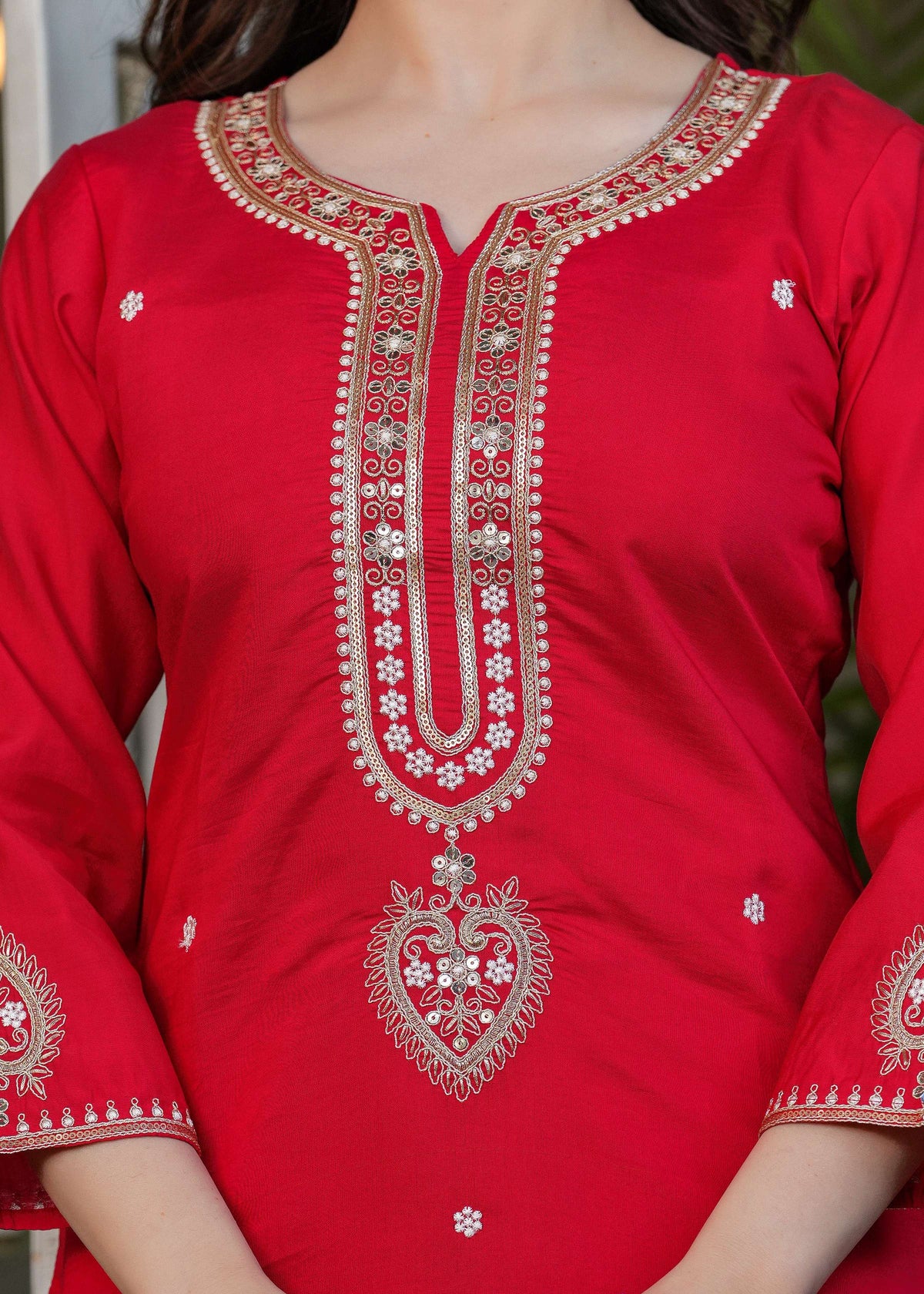 The52 Beautiful Embroidered Viscose Chanderi Fabric Straight Kurta, Pant and Dupatta Set