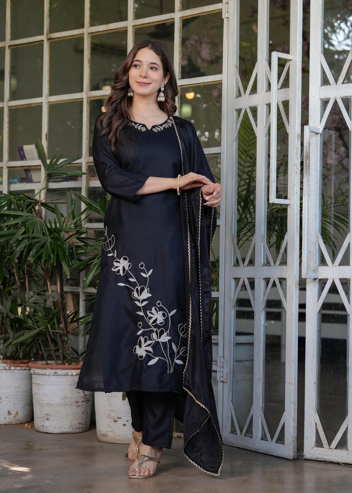 The52 Beautiful Thread Work Viscose Rayon Fabric Straight Kurta, Pant and Dupatta Set