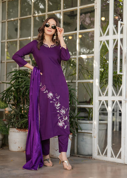 The52 Beautiful Thread Work Viscose Rayon Fabric Straight Kurta, Pant and Dupatta Set