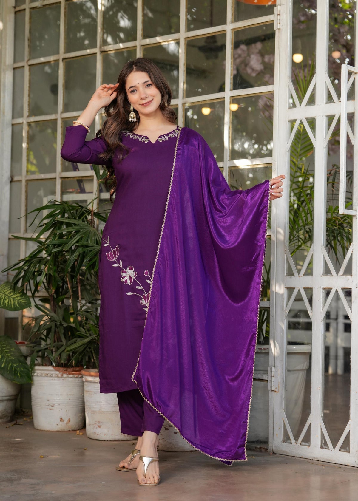 The52 Beautiful Thread Work Viscose Rayon Fabric Straight Kurta, Pant and Dupatta Set