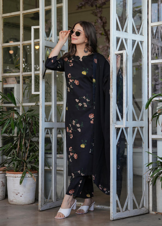 The52 French Crepe Fabric work Straight cut Kurta, Pant and Dupatta Set