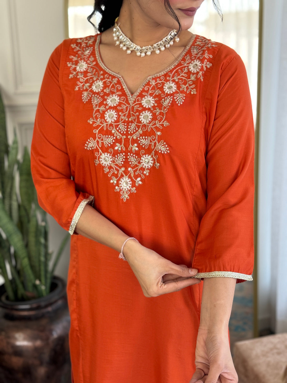 The52 Women's Beautiful Viscose Chinon Embroidered Straight Kurta with Pant And Dupatta Set