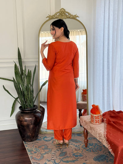 The52 Women's Beautiful Viscose Chinon Embroidered Straight Kurta with Pant And Dupatta Set