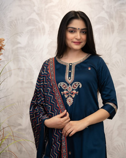 The52 Women's Gorgeous Chanderi Silk Embroidery Straight Kurta with Pant and Dupatta Set