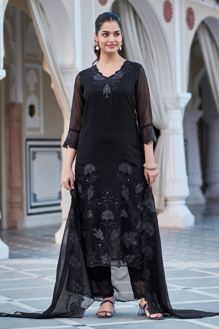 The52 Women's Gorgeous Fox Georgette Embroidery Straight Kurta with Pant and Dupatta Set