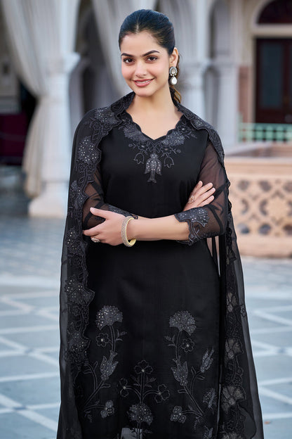 The52 Women's Gorgeous Fox Georgette Embroidery Straight Kurta with Pant and Dupatta Set