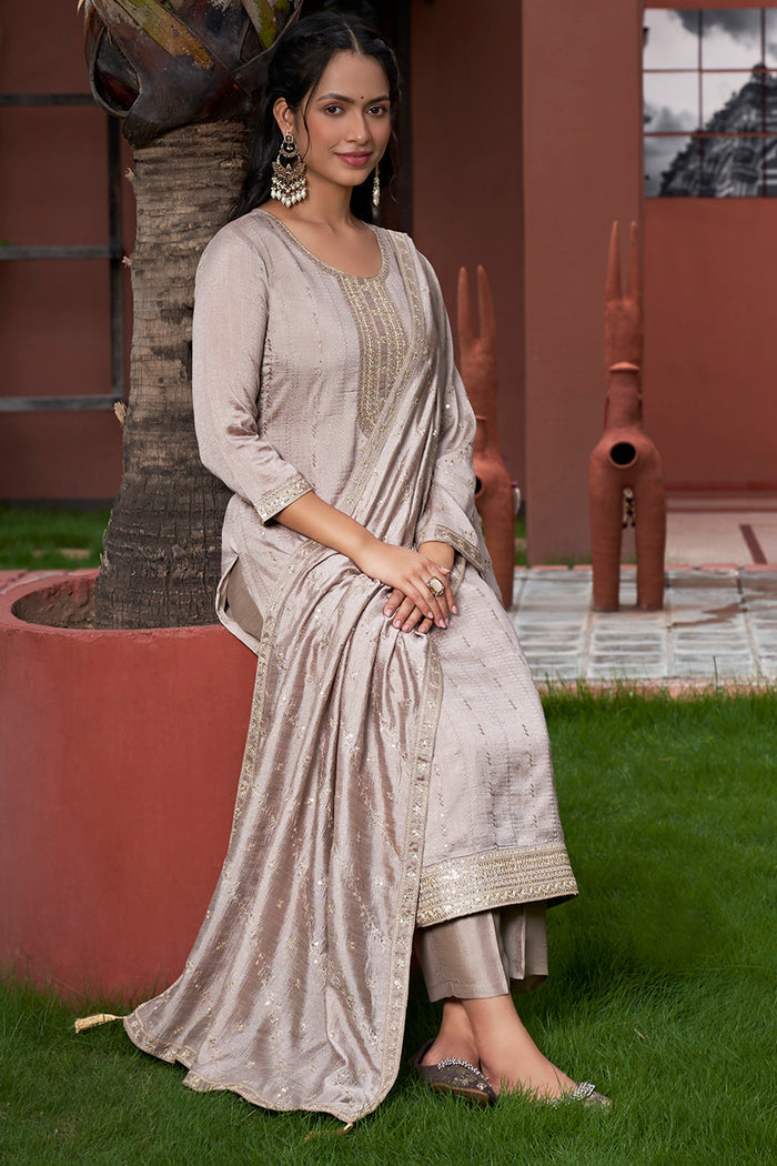 The52 Women's Gorgeous Vichitra Silk Embroidery Straight Kurta with Pant and Dupatta Set
