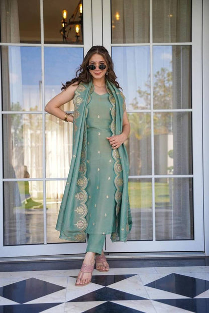 The52 Women Viscose Zari Chanderi Fabric Straight Kurta, Pant and Dupatta Set