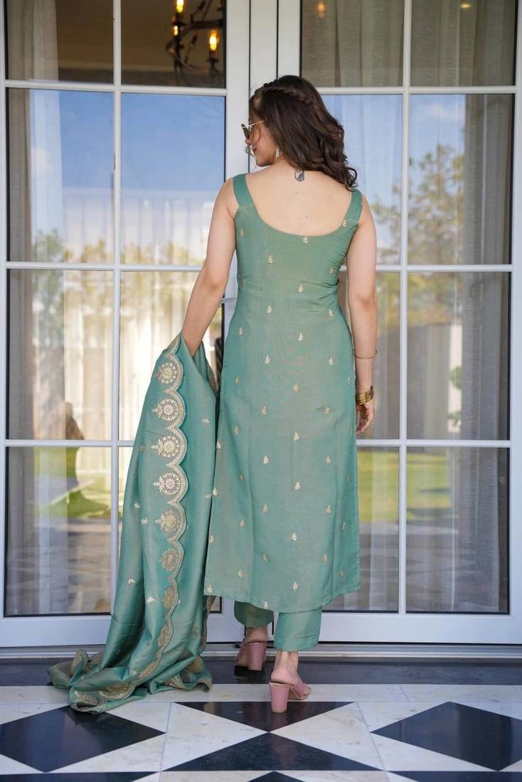 The52 Women Viscose Zari Chanderi Fabric Straight Kurta, Pant and Dupatta Set