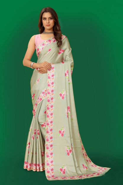 Aayaa Designer Printed Satin Saree - Multi Color